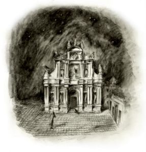 Drawlight discovers Jonathan Strange outside a church in Venice.